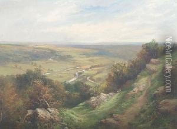 The Limpley Stoke Valley Viewed 
From Hampton Rocks, Looking Across The Valley To Warleigh Manor Oil Painting - George Henry Jenkins