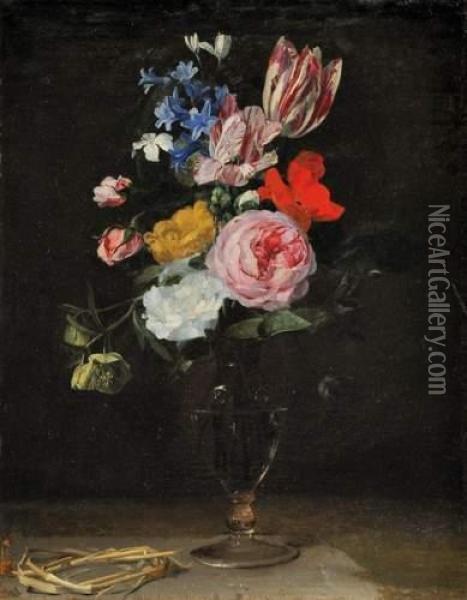 Vase De Tulipes, Roses Et Autres Fleurs. Oil Painting - Cornelis Kick