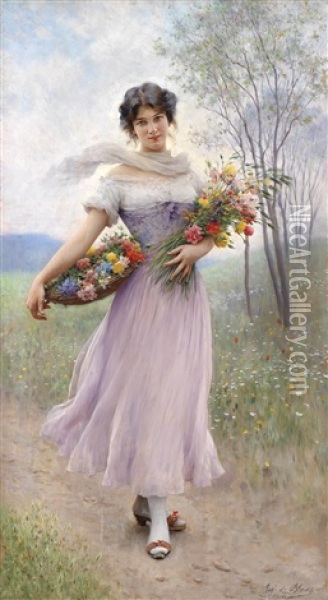 Madchen In Fliederfarbenem Kleid Mit Blumenstraus Und Blumenkorb Oil Painting - Eugen von Blaas