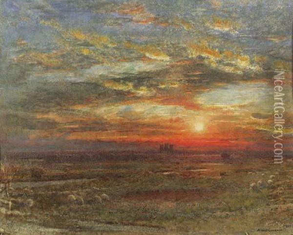 Wells Cathedral, Somerset, At Sunset Oil Painting - Albert Goodwin