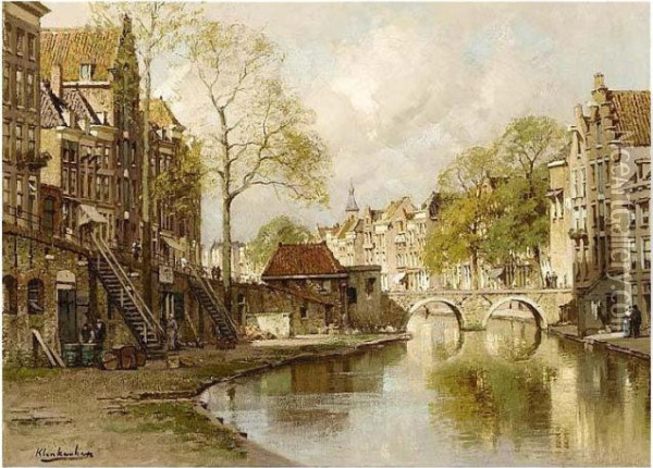 A View Of The Oude Gracht, Utrecht Oil Painting - Johannes Christiaan Karel Klinkenberg