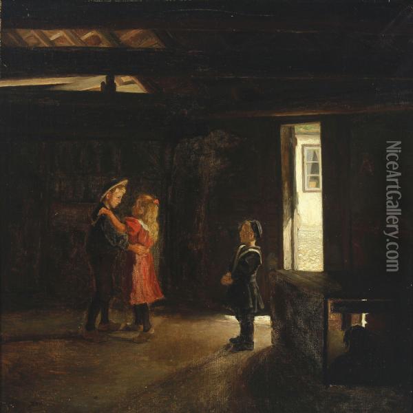 Interior With Dancing Children Oil Painting - Soren Christiansen