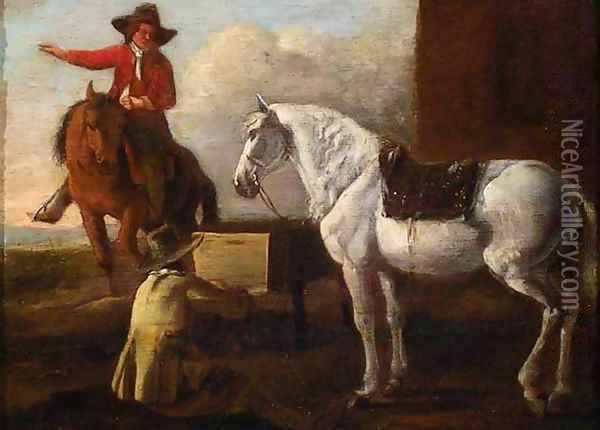 Young Artist Painting a Horse and Rider Oil Painting - Abraham Van Calraet