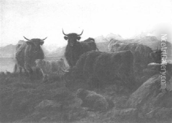 West Highland Cattle By The Side Of Loch Leven Oil Painting - Charles Jones