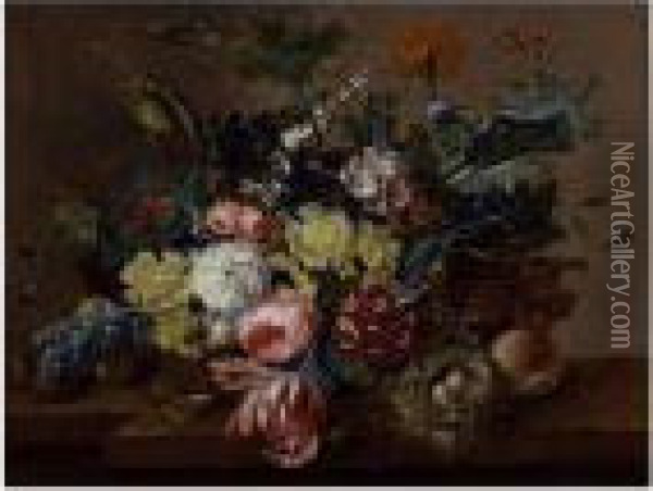 A Still Life Of Flowers In A Basket And A Bird Nest All Resting On A Ledge Oil Painting - Johann Baptist Drechsler