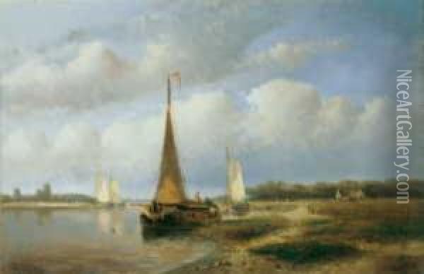 Hollandische Flusslandschaft Mit Fischerbooten Oil Painting - Hendrik Hulk