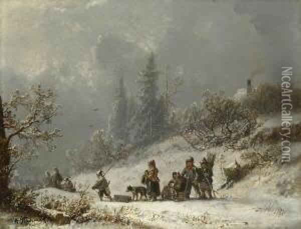 Menschengruppe Mit Schlitten Im
 Schnee. Oil Painting - Adolf Stademann