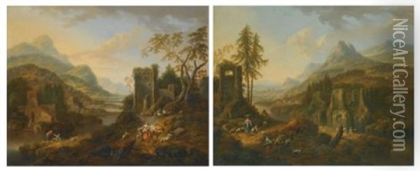A River Landscape With Travellers On A Path And Peasants Fishing Beyond; A River Landscape With Peasants Resting On The Bank Beside A Ruined Building (pair) Oil Painting - Josef Orient