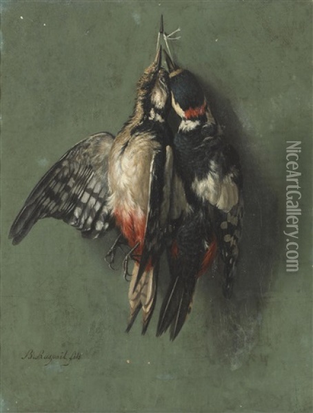 Pics Epeiches (great-spotted Woodpeckers); Grives Litornes (fieldfare Thrushes) (pair) Oil Painting - Benjamin Fils Raspail