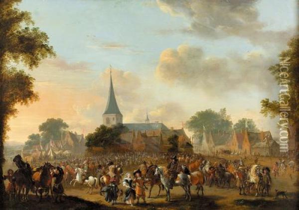 Pferdemarkt In Einer Hollandischen Stadt (valkenburg?). Oil Painting - Pieter Wouwermans or Wouwerman