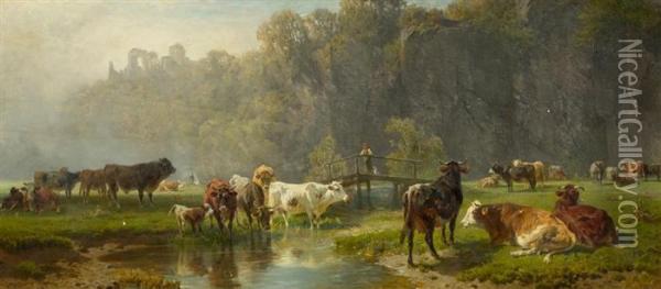 Herd Of Cows At A Stream. 1884. Oil Painting - Friedrich Johann Voltz