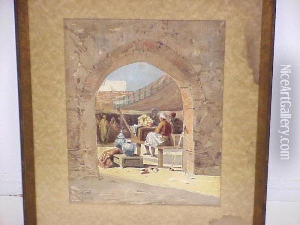 Oriental Courtyard Scene Oil Painting - Ch. Theodore, Bey Frere