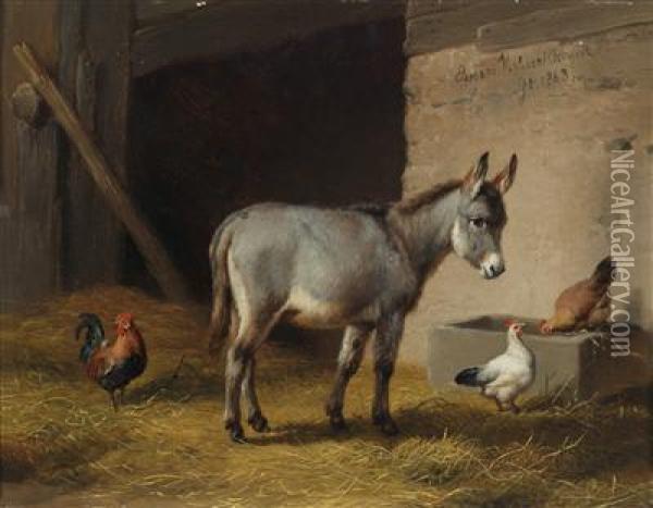 Donkey And Chicken In A Stable Oil Painting - Eugene Verboeckhoven