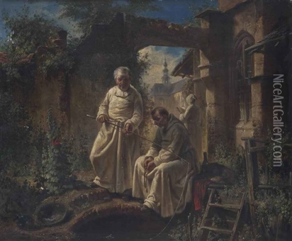 Fishing At A Monastery Oil Painting - Louis (Ludwig) von Hagn