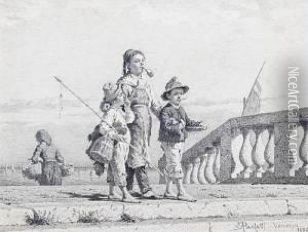 Three Neapolitan Children On A Pier Oil Painting - Antonio Paoletti