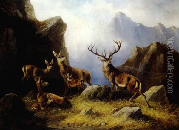 Deer In A Mountainous Landscape Oil Painting - Moritz Mueller the Elder
