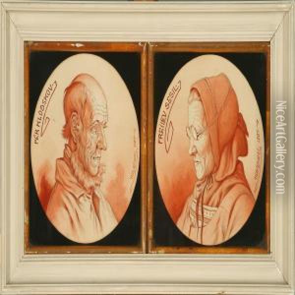 A Couple Portraits Of Perklodskov And Freilev Sesil, Mounted In One Frame Oil Painting - Niels Wiwel
