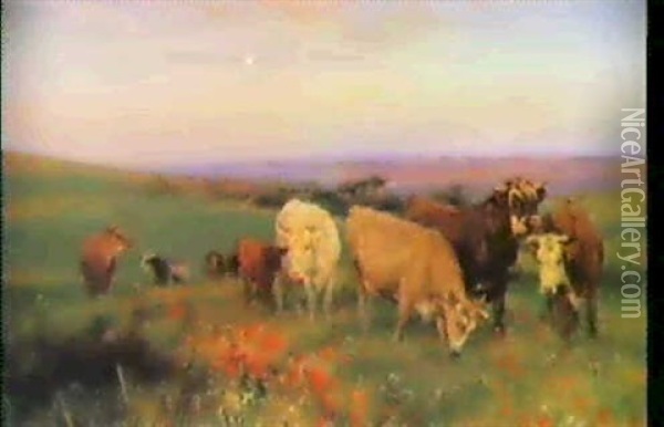 Kuhe Auf Bluhender Wiese Oil Painting - Henry William Banks Davis