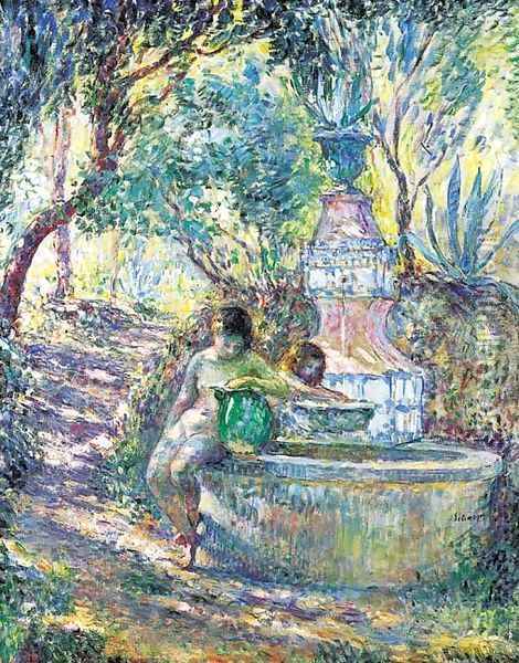 Saint-Tropez, deux jeunes filles a la fontaine Oil Painting - Henri Lebasque
