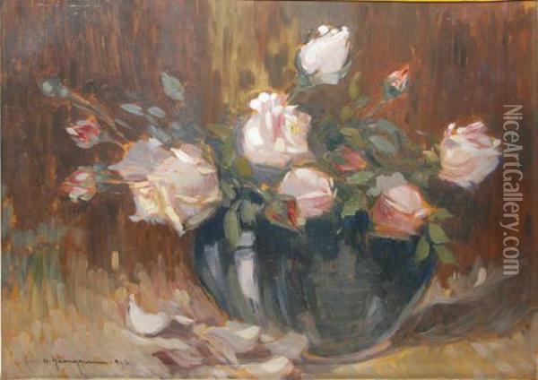 Vas Cu Trandafiri Oil Painting - Marin H. Georgescu