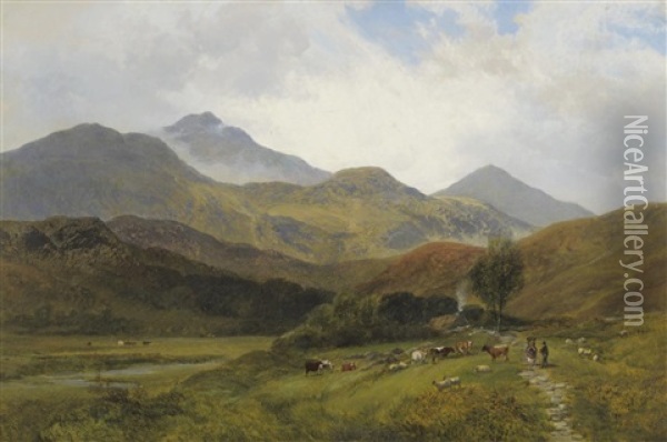 Scene In North Wales, With Figures Cattle And Sheep Oil Painting - George Shalders