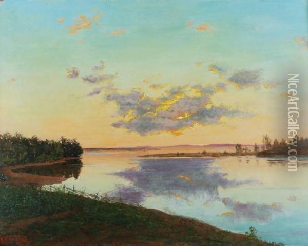 Pejzaz Z Jeziorem O Zachodzie Slonca Oil Painting - Ivan Fedorovich Choultse