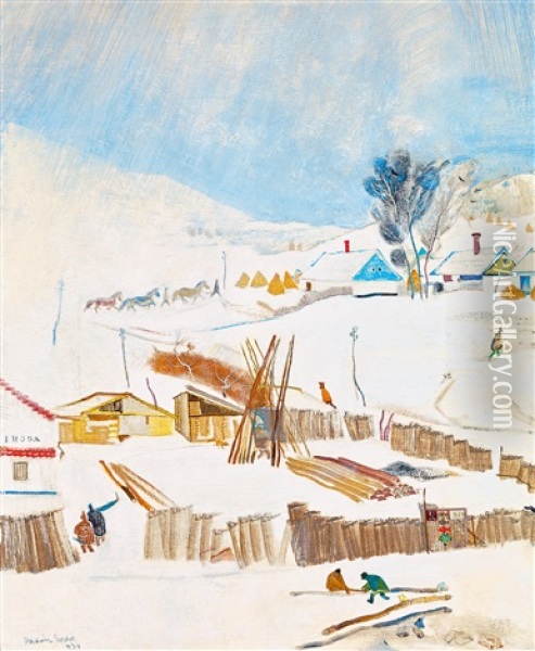 Winter Village Oil Painting - Endre Vadasz