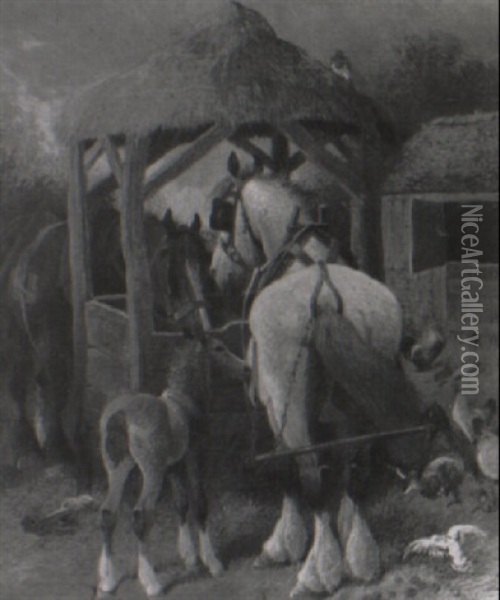 Workhorses And A Foal At A Well Oil Painting - Frederick E. Valter