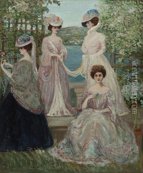 Four Ladies On A Terrace Oil Painting - Charles Edward Conder