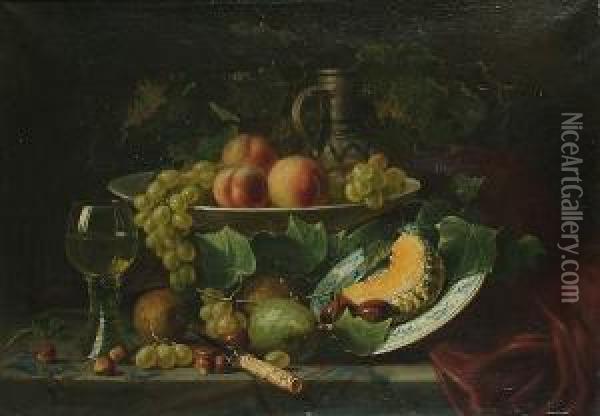 Still Life Of Fruit, Vines And Nuts With A Glass, And A Plate On A Table Oil Painting - Herman Van Der Worp