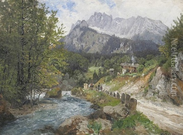 Alpenlandschaft Mit Bauern An Einem Gebirgsflus Oil Painting - Josef Schoyerer