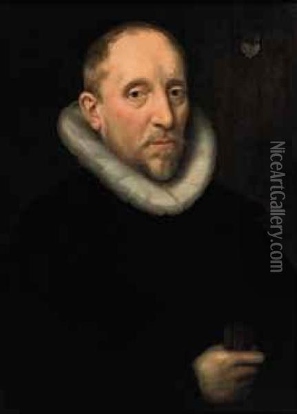 Portrait Of A Gentleman, 
Half-length, In A Black Costume With Awhite Collar, Holding A Pair Of 
Gloves Oil Painting - Gortzius Geldorp