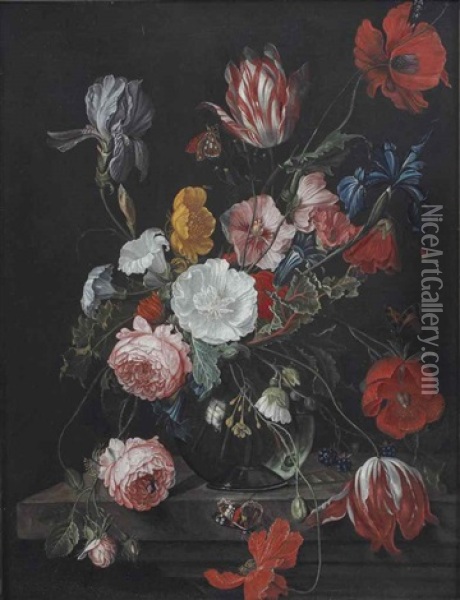 Tulips, Poppies, Anemones, Irises, Roses, Morning Glory And Blackberries With Butterflies In A Glass Vase On A Stone Ledge Oil Painting - Cornelis De Heem