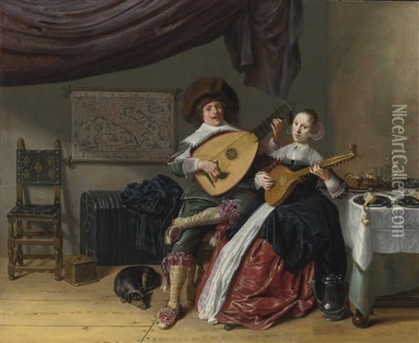 The Duet: A Self Portrait Of The Artist With His Wife, Judith Leyster, Probably Their Marriage Portrait Oil Painting - Jan Miense Molenaer
