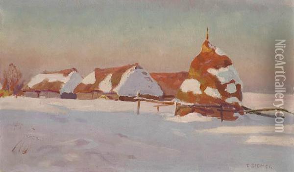 Pejzaz Zimowy Z Wiejskimi Chatami Oil Painting - Teodor Ziomek
