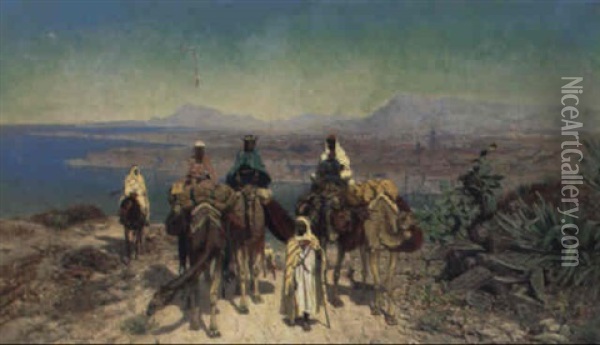 An Arab Caravan In A Coastal Landscape Oil Painting - Edmund Berninger