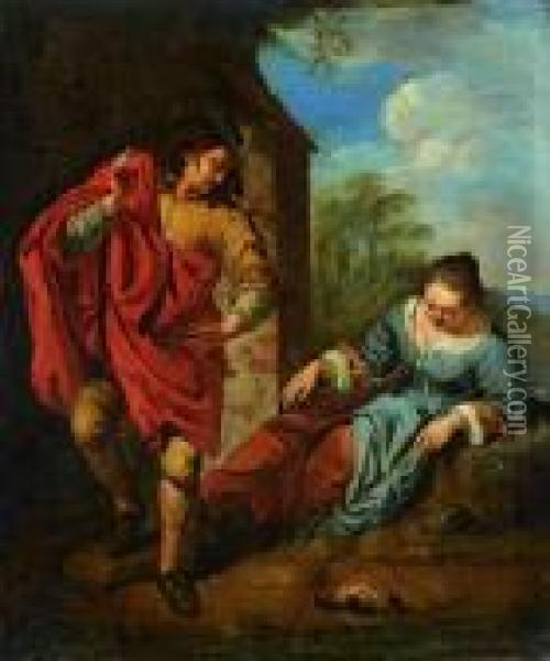 Couple De Paysans Dans Un Paysage Italien Oil Painting - Jacob Van Toorenvliet