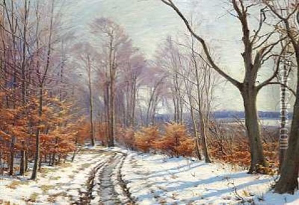 Vej Gennem Skoven, Vinter Oil Painting - Sigvard Marius Hansen