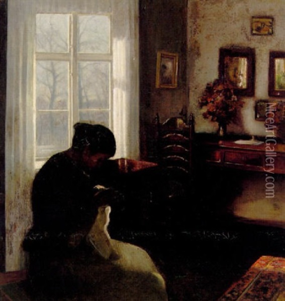 Interior Med Syende Pige Ved Vinduet Oil Painting - Carl Vilhelm Holsoe