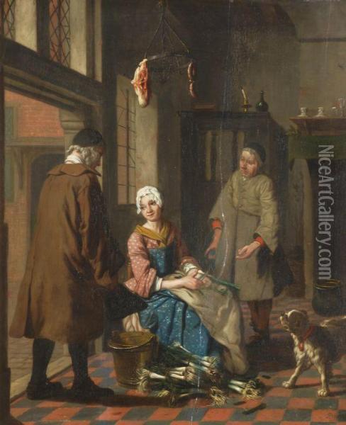 Figures In A Kitchen Interior Oil Painting - Jan Jozef, the Younger Horemans