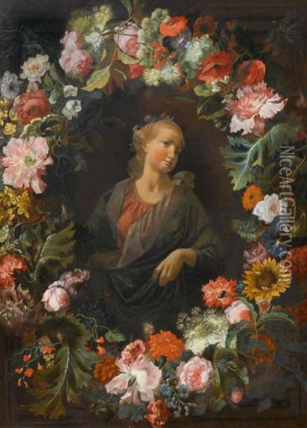 Floral Wreath Around A Picture Of The Madonna. Oil Painting - Mario Nuzzi Mario Dei Fiori