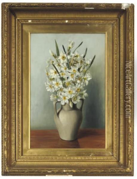 Narcissi In A Vase, On A Table Oil Painting - A.L. Cashel