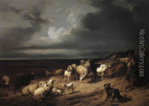 Shepherd With His Flock Oil Painting - Daniel-Adolphe-Robert Jones
