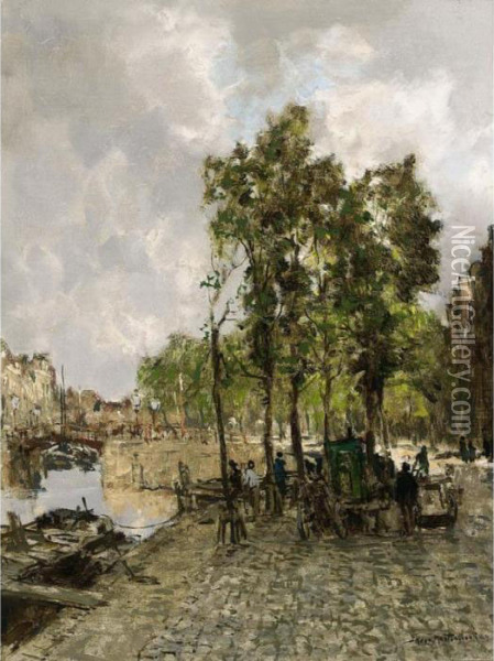Along The Canal Oil Painting - Johann Hendrik Van Mastenbroek