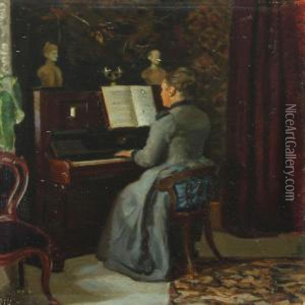 Interior With Woman Playing The Piano Oil Painting - Hilmar Stephansen