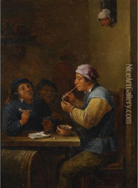 Three Peasants Seated At A Table Smoking And Drinking Oil Painting - David The Younger Teniers