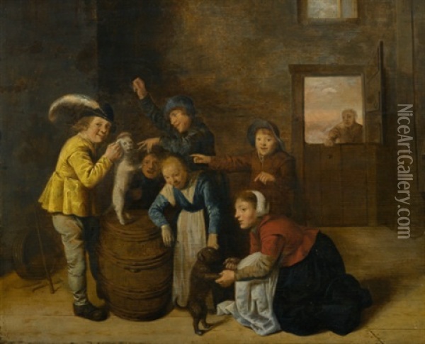 Children Playing With Dogs In An Interior Oil Painting - Jan Miense Molenaer