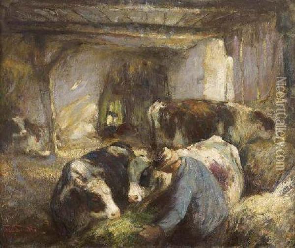 Cattle In A Byre Oil Painting - George Smith