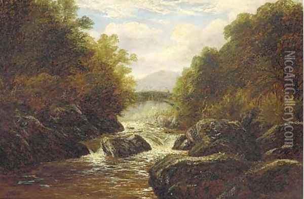 A figure on a bridge in a rocky river landscape Oil Painting - William Mellor