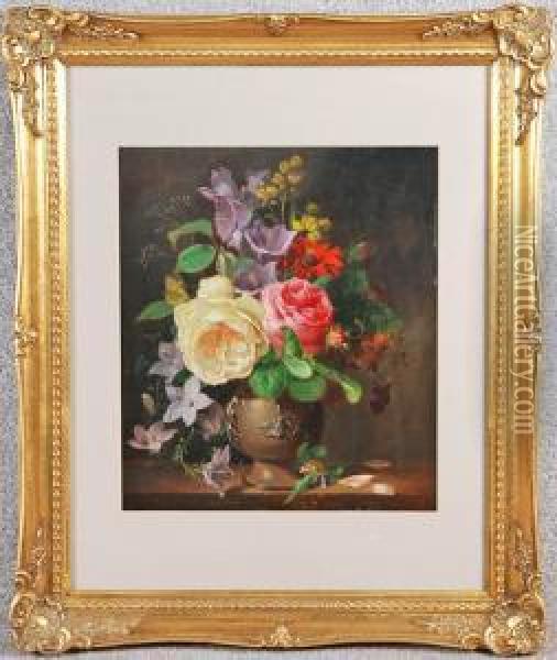 Still Life With Vase And Roses Oil Painting - Josef Schuster